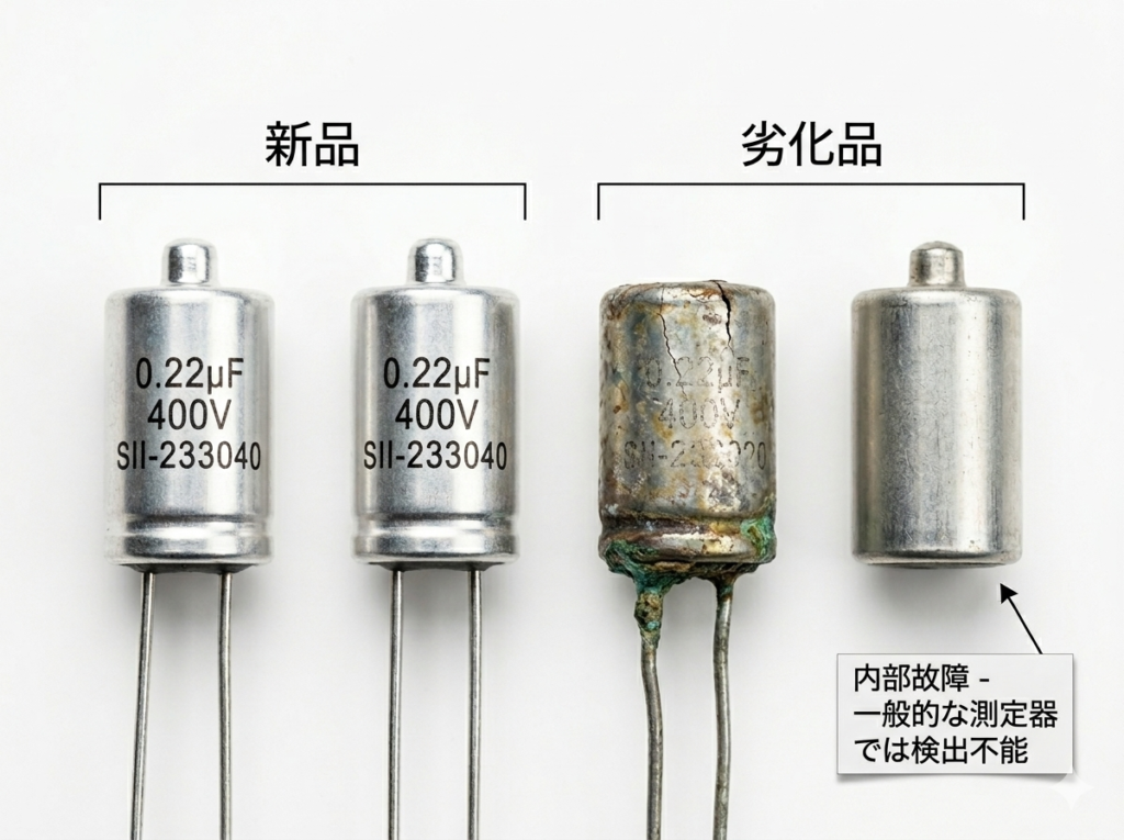 コンデンサーの新品と劣化の比較